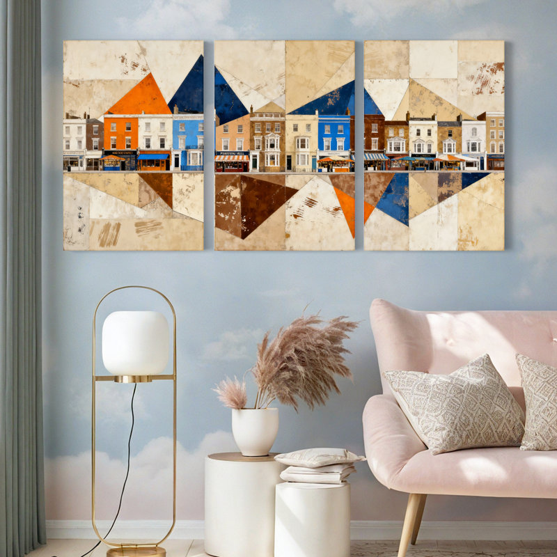 «Geometric Cityscape», reproduction d'art sur toile abstraite (ensemble de 3), H 24 po x l 48 po