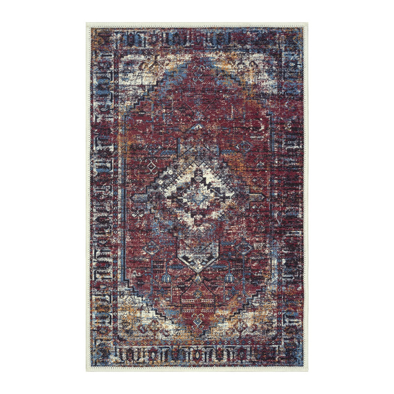 GLN Rugs Vintage Collection - Machine Washable Area Rug, Vintage Washable Rug, Non Slip Area Rug, Low Pile Living Room Rug, Bedroom Rug, Bathroom Rug - Easy Clean (Burgundy Rug)