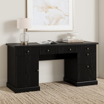 60" Office Desk with Storage and Drawers, Fluted Wood Computer Desk with Power Outlets, Adjustable Shelves, Executive Home Desk