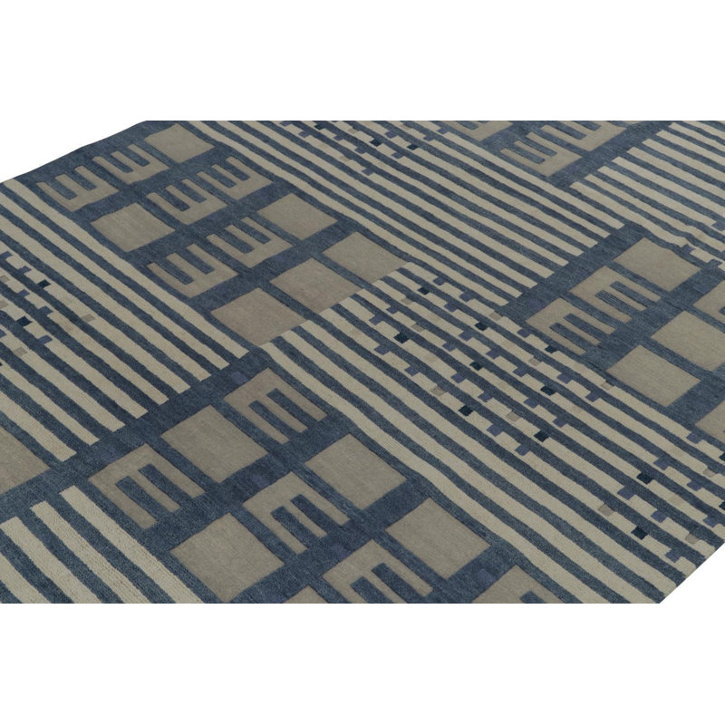 Rug & Kilim’S Swedish Rug In Blue & Grey High-Low Geometric Patterns, Rectangle 10' x 14'