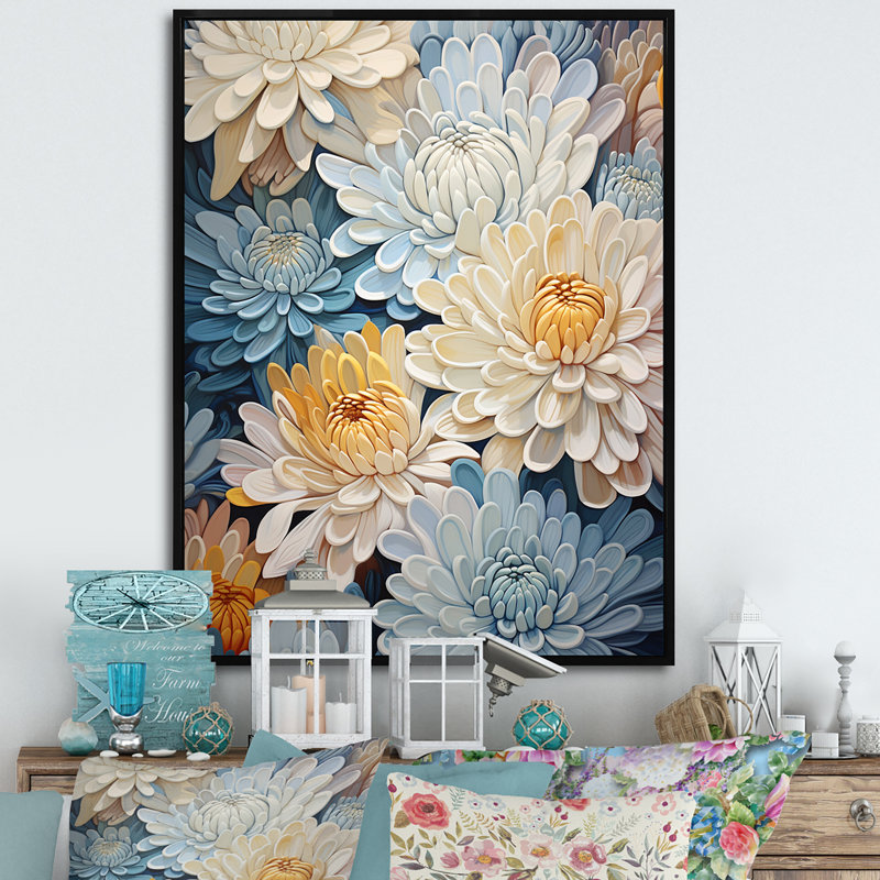«White and Blue Mums Fragrant Elegance V», reproduction sur toile, Cadre flottant noir, H 44 po x l 34 po x P 1,5 po