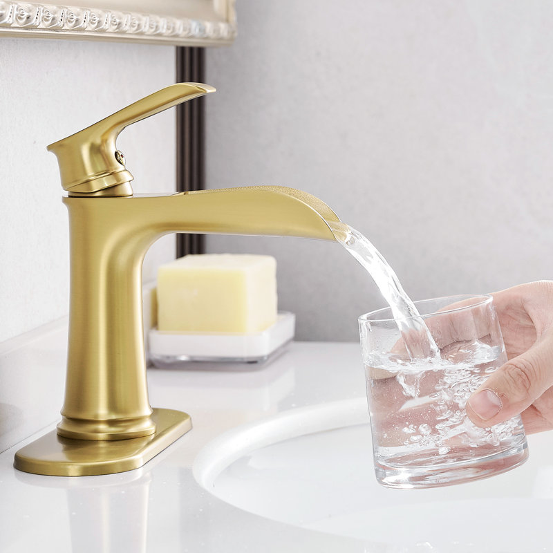 Robinet pour salle de bain, finition or brossé, fixation sur le comptoir, robinet en céramique, robinet de lavabo monotrou en or, effet, une poignée,