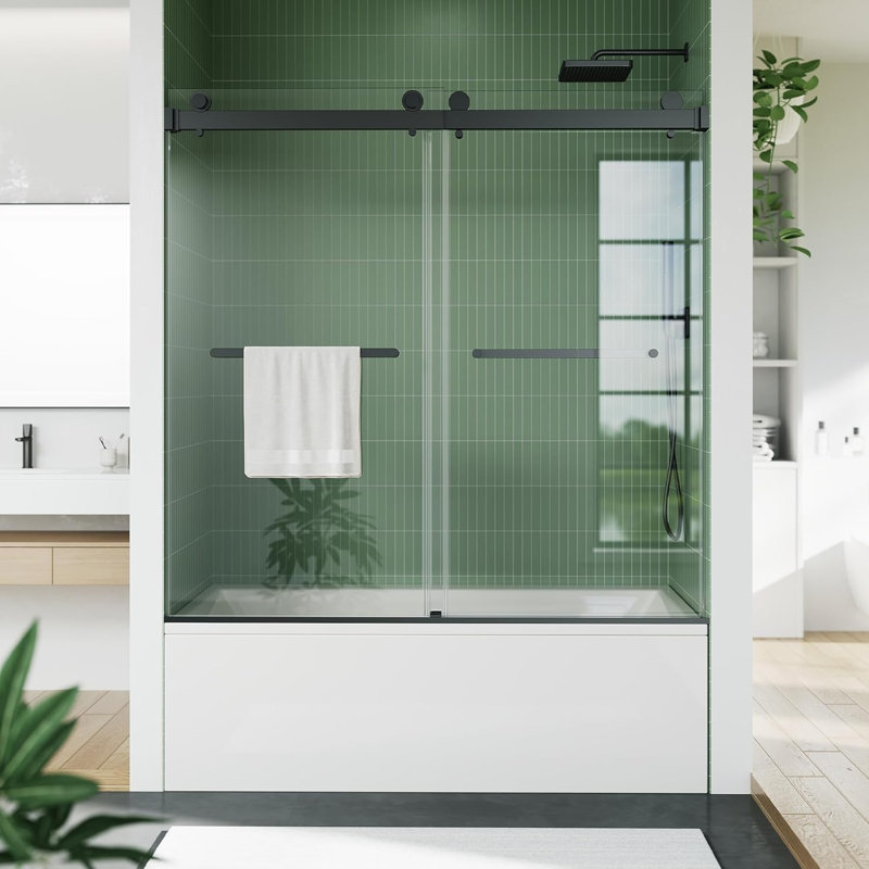 Sliding Shower Door with 6/8mm Tempered Glass Panels and Stainless Steel Square Track, Black