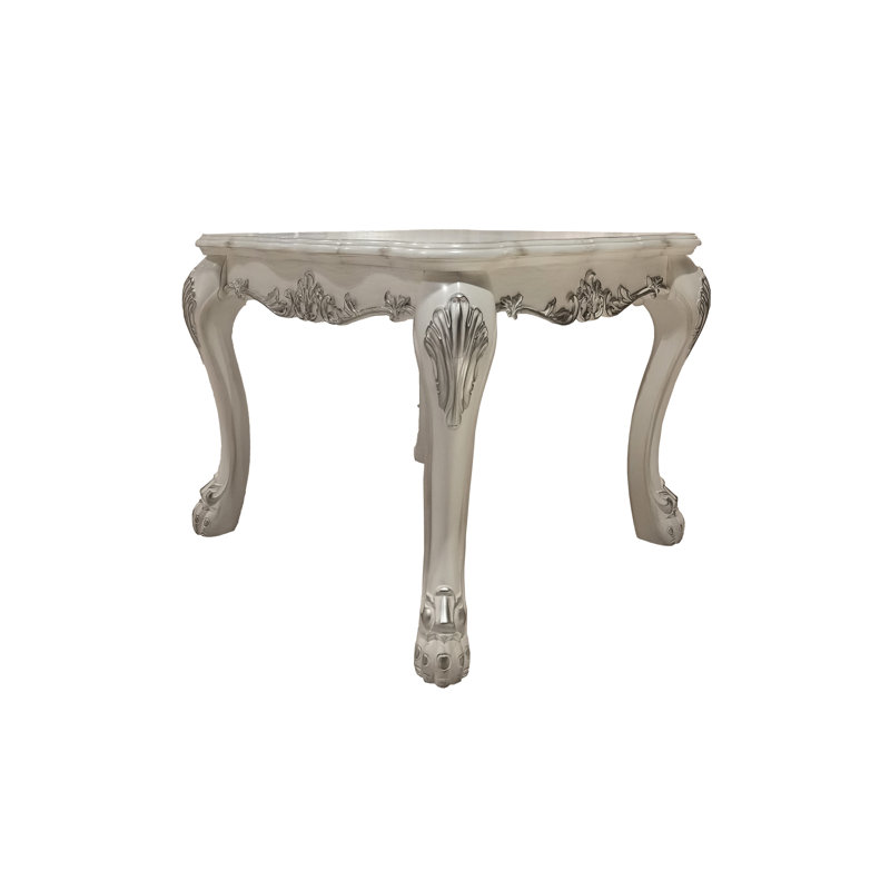 Table de bout carrée avec détails en résine, sans rangement, plateau en bois au design transitionnel, blanc os, aspect de rangement