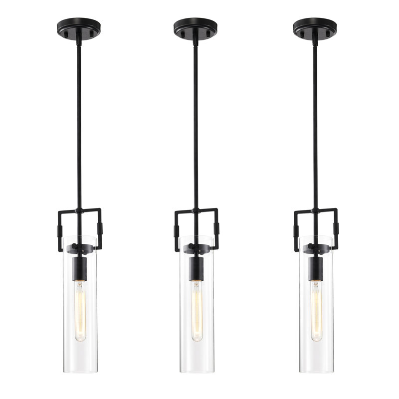 Mini-luminaire suspendu 1 lumière noir mat avec abat-jour cylindrique en verre transparent, Noir mat, 3