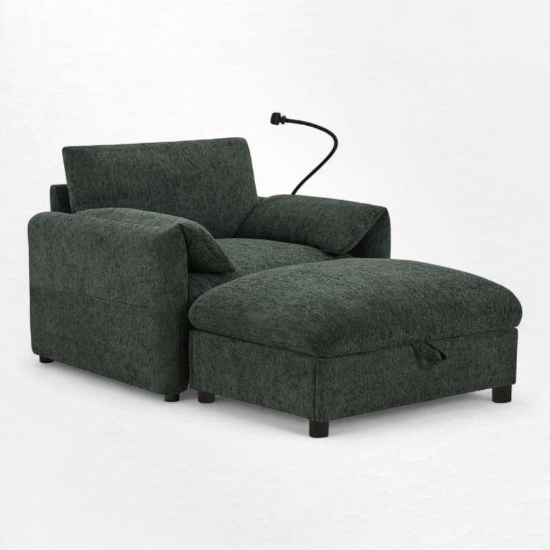 Fauteuil d'appoint rembourré avec repose-pieds avec rangement, Vert