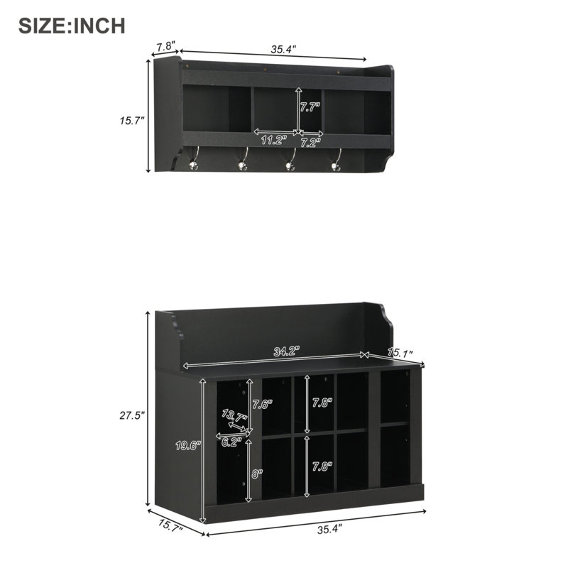 Versatile Shoe Storage Bench With Hooks And Shelves For Entryways, Black