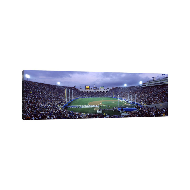 Spectators Watching Baseball Match, Los Angeles Dodgers, Los Angeles Memorial Coliseum 1 Piece Wrapped Canvas Panoramic Wall Art