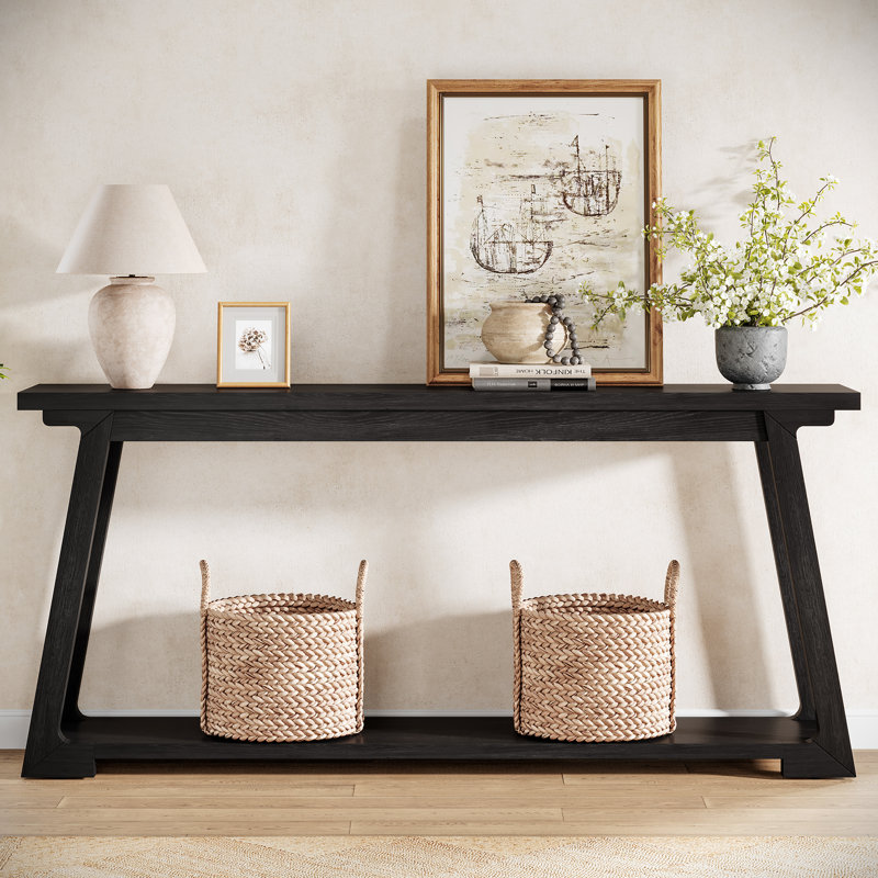 62.99" Solid Wood Sofa Console Table With 2-Tier Storage Shelves For Living Room, Entryway, Black