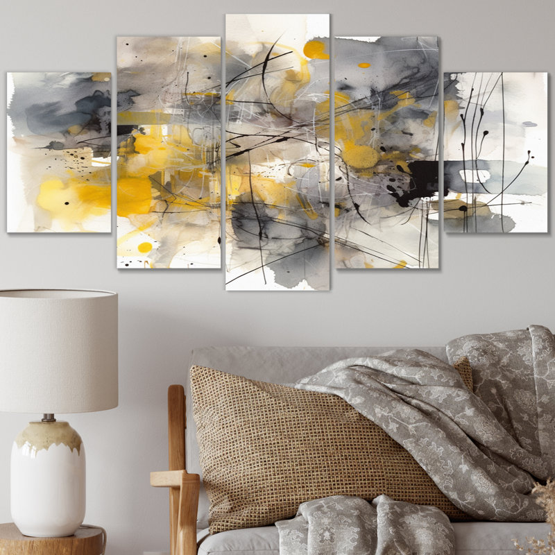Jaune et gris au-delà de la toile II - reproduction d'art murale abstraite - 5 panneaux