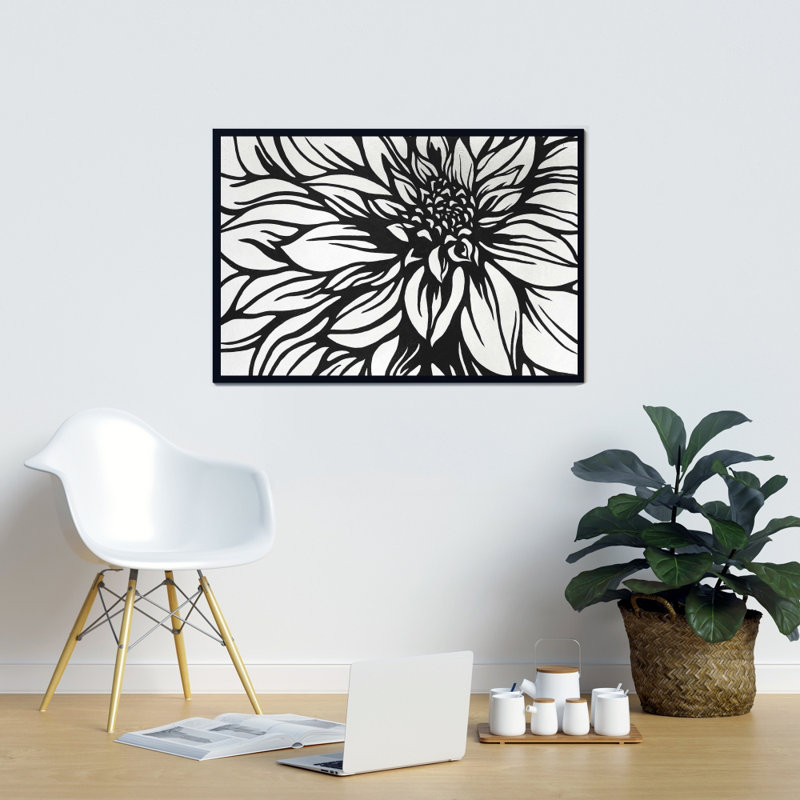 Style de contour de fleur de dahlia - décor de toile monochrome botanique, H 25,25 po x l 37,25 po