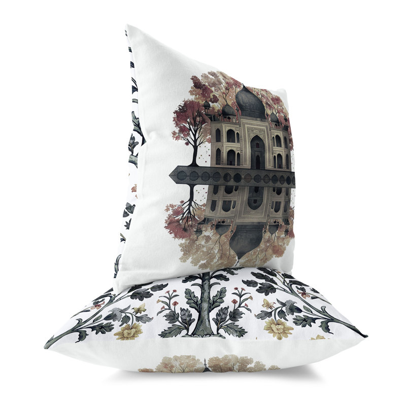 Mughal Waterside Paradise  Square Throw Pillow, 16"H x 16"W, Green/Pink