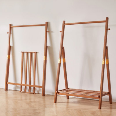 39.37" Heavy-Duty Solid Pine Freestanding Clothes Rack, A-Shaped Garment Stand with Storage Shelf & Side Hooks, Cherry