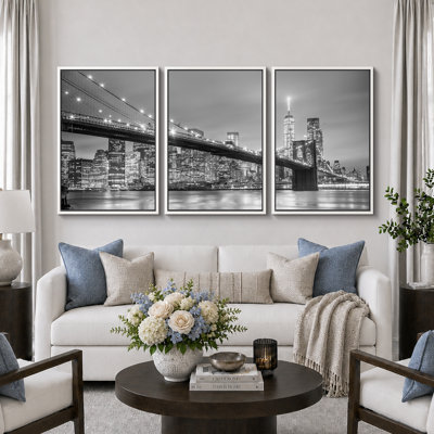 Architecture Building "Manhattan Bridge In New York City Skyline Artwork, Modern Contemporary Black & White Photograph Wall Pictures, Framed Canvas Giclée Print 3 Pieces Wall Art" 16"x24"x3 pcs, 24"x36"x3 pcs