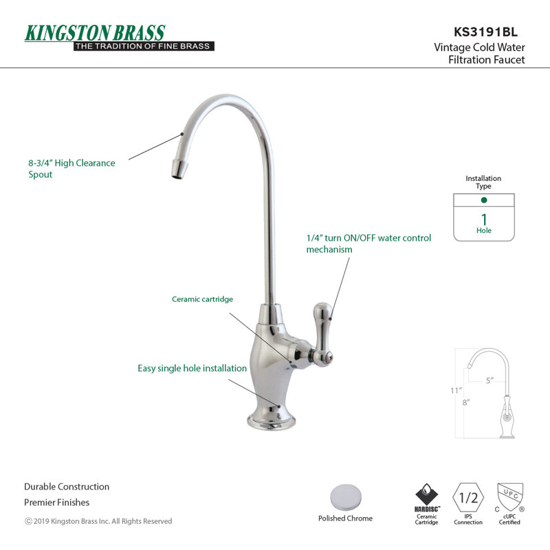 Robinet de filtration d'eau 1 trou à fixation sur le comptoir Kingston, Chrome poli