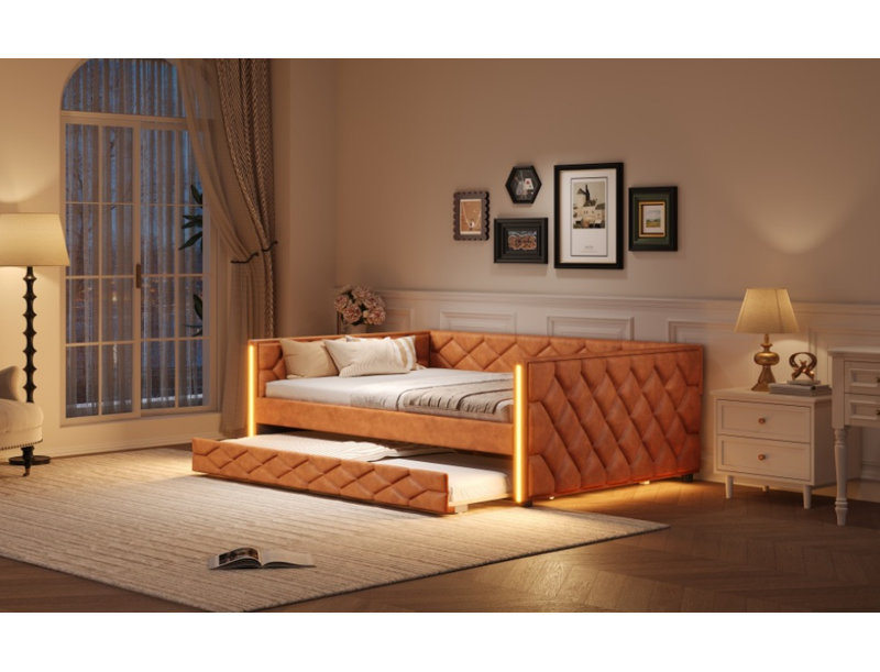 Full XL Size Upholstered Daybed with Trundle and LED, Brown, Brown