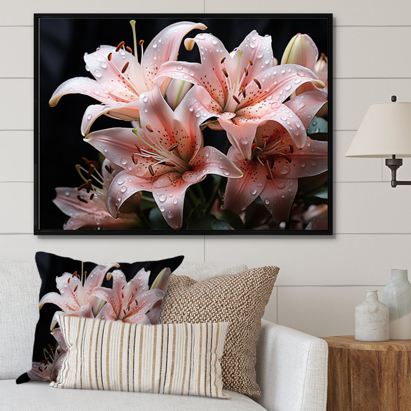 Coral Lilies Whispering Lilies Black, reproduction d'art sur toile, Cadre flottant noir, H 16 po x l 32 po x P 1 po