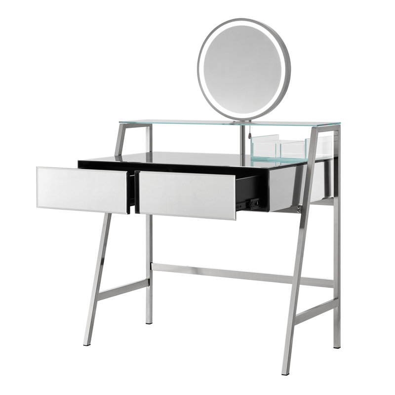 Console de meuble-lavabo à miroir argenté avec lumières et miroir, 2 tiroirs spacieux, tablette ouverte, espace de chargement dans la chambre à coucher, lumières de coiffeuse 33,9 po