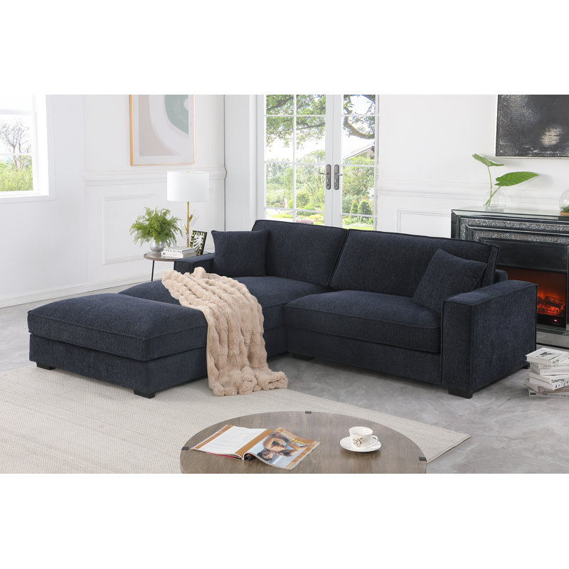 Canapé rembourré 102 po à assise profonde avec repose-pieds, Orienté à gauche (vu de face), Polyester bleu foncé