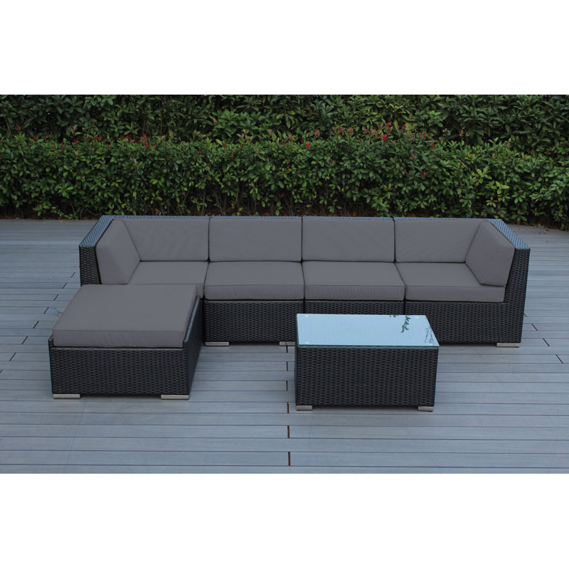 Ensemble de conversation en osier pour 4 personnes avec coussins Billyjo, Noir, Toile Sunbrella® toscan