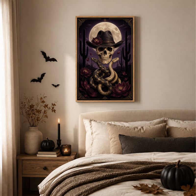 Toile de crâne avec chapeau de cowboy et serpents sous la pleine lune, H 48 po x l 36 po