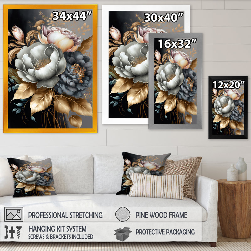 Bouquet de fleurs bleues V - Impression sur toile, Cadre photo doré, H 40 po x l 30 po x P 1,5 po