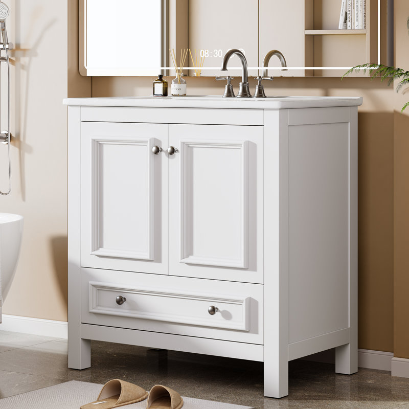 Meuble-lavabo autoportant avec cadre en bois massif 30 po avec lavabo et organisateur de porte, Blanc, 30"
