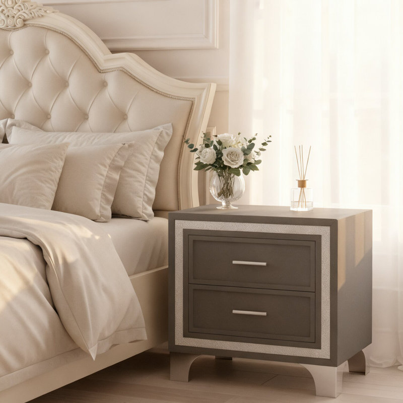 Table de chevet en velours de style rétro avec bande à paillettes argentées et pieds en métal avec 2 tiroirs, Gris