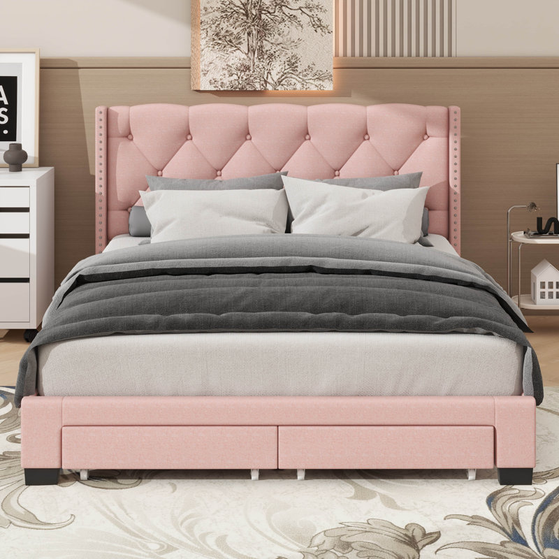 Queen Size Linen Upholstered Platform Storage Bed