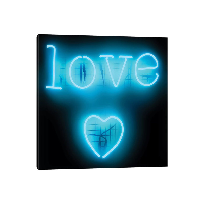 Neon Love Heart Aqua On Black by Hailey Carr - Wrapped Canvas Print, 66.04 cm H x 66.04 cm W x 3.175 cm D