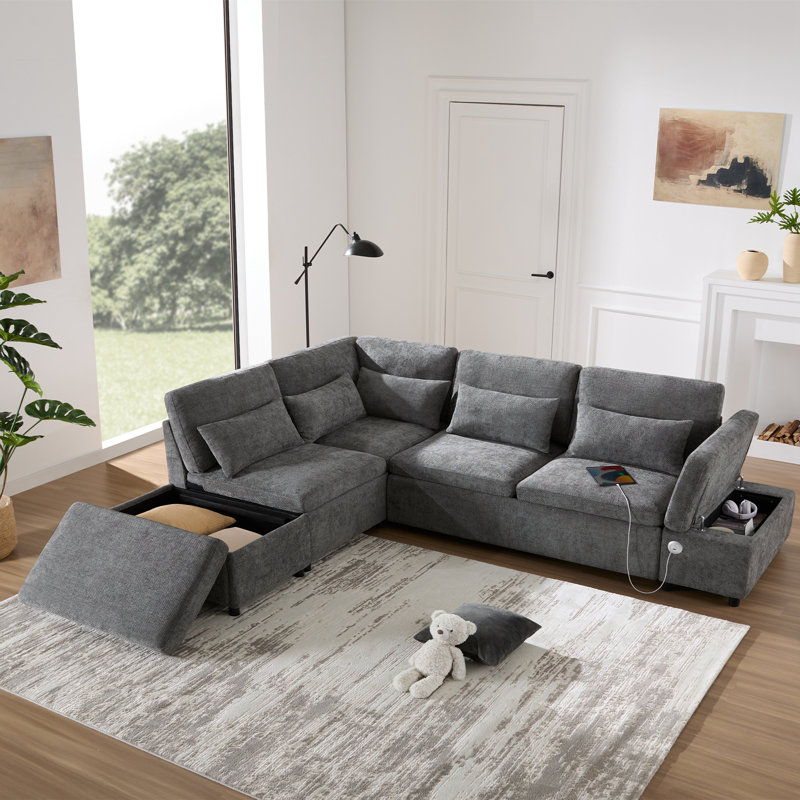 Canapé modulaire en L avec canapé-lit, accoudoirs réglables et charge USB et Type-C, Gris chenille