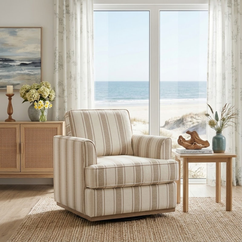 Parker Farmhouse 33'' W Upholstered Swivel Accent Armchair with Solid Wood Base, Tan