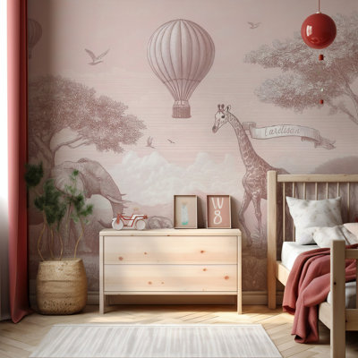 Papier peint rose avec un animal safari et des éléphants