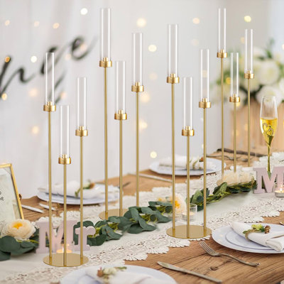 Gold Candelabra for Table Centerpieces 33.8 '' Tall Taper Candle Holders with Acrylic Lampshade, 3-arms Candelabra Centerpieces for Tables, Wedding, Birthday Party, Home Decoration