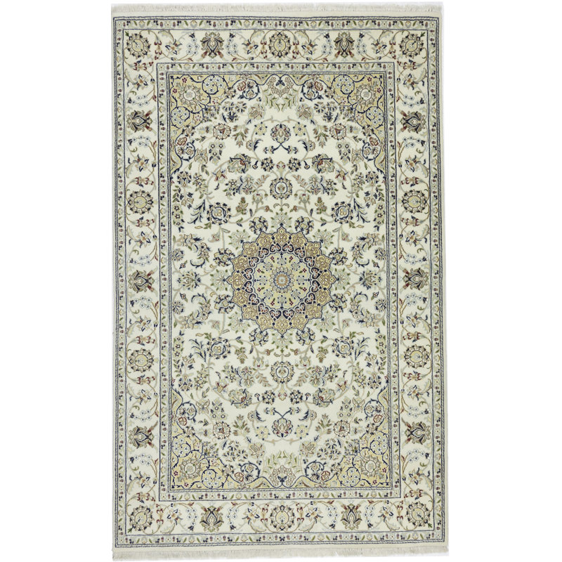 Tapis oriental Marko crème traditionnel 6 x 6 Indo Nain, Rond 9 pi