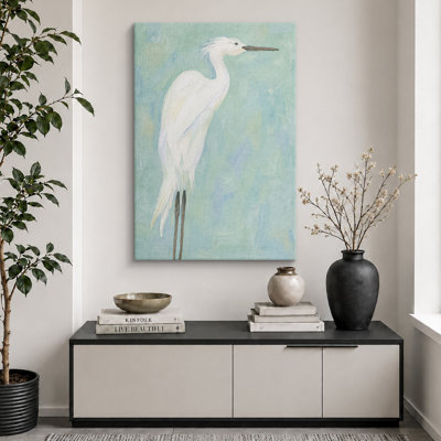 «Aigrette blanche minimaliste sur fond turquoise», reproduction d'art sur toile encadrée