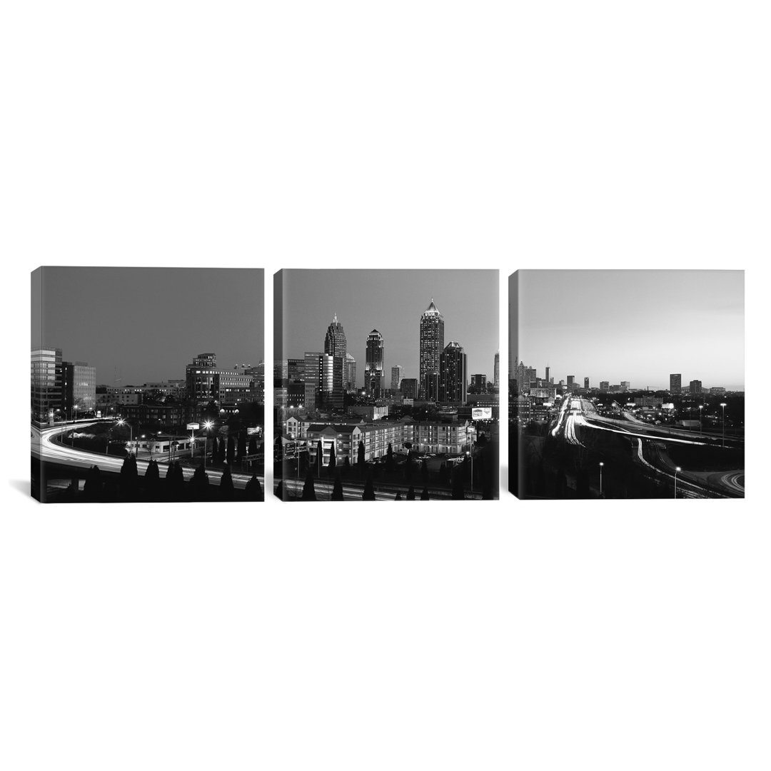 Panoramic Atlanta Skyline Cityscape 3 Piece Photographic Print on Wrapped Canvas Set in Black and White iCanvas
