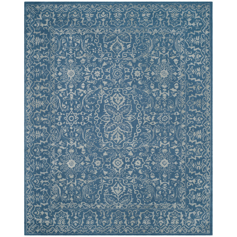 Tapis oriental gris / bleu en viscose / laine touffeté à la main Samaniego, Rectangle 8 pi x 10 pi
