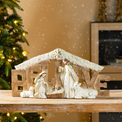 11.75"L Resin "BELIEVE" Holy Family Christmas Figurines