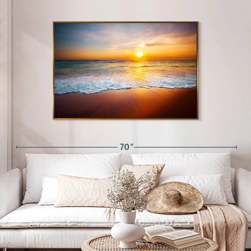 Coucher de soleil sur les vagues mousseuses, 46 po x 31 po, Cadre flottant doré