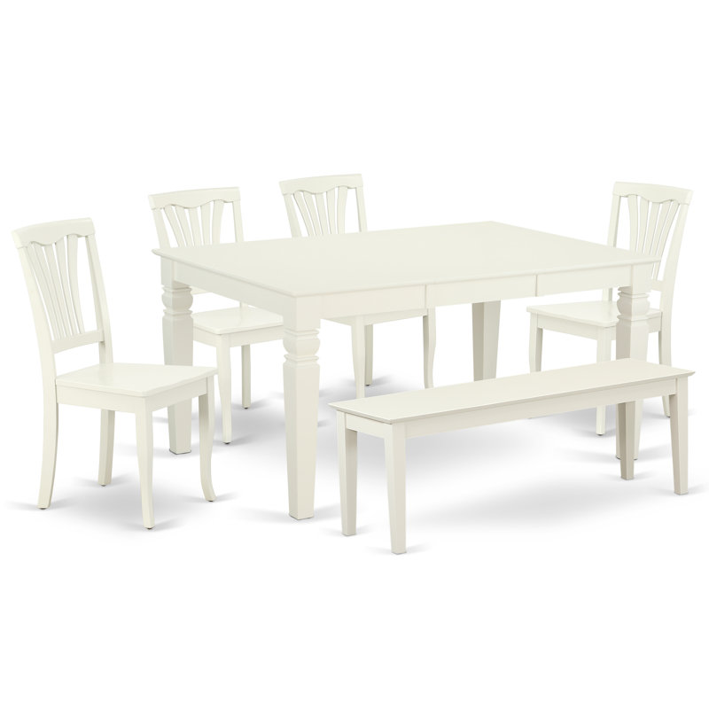 6 Piece Dining Set Contains a Rectangle Dining Room Table with Butterfly Leaf and 4 Kitchen Chairs with a Bench, Linen White