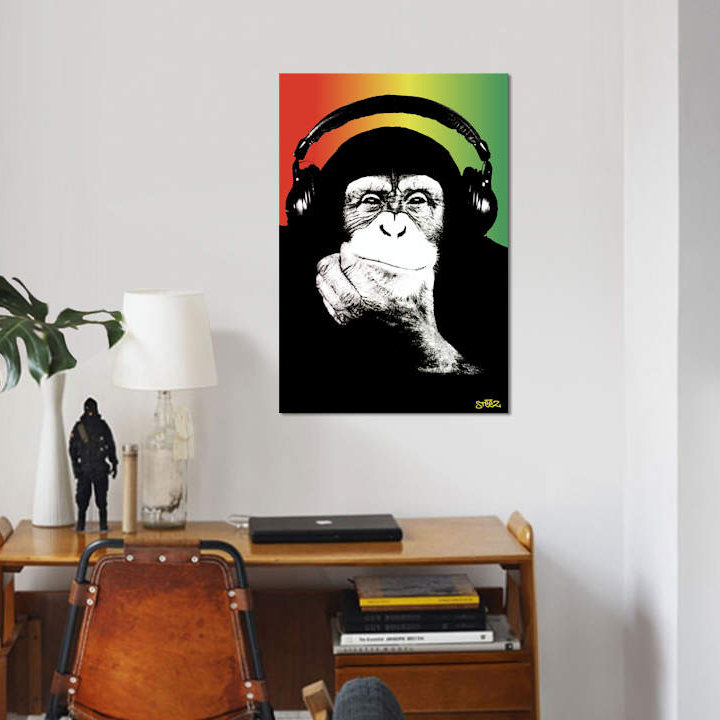 Monkey Headophone Rasta I par Steez - Impression sur toile, H 40 po x l 26 po x P 1,5 po, Toile tendue