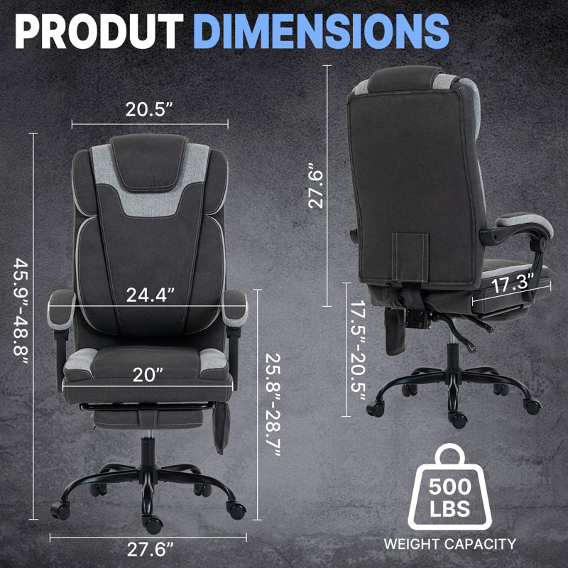 500LBS Ergonomic Massage Office Chair Big and tall Fabric Computer Chair with Foot Rest, Black-Gray