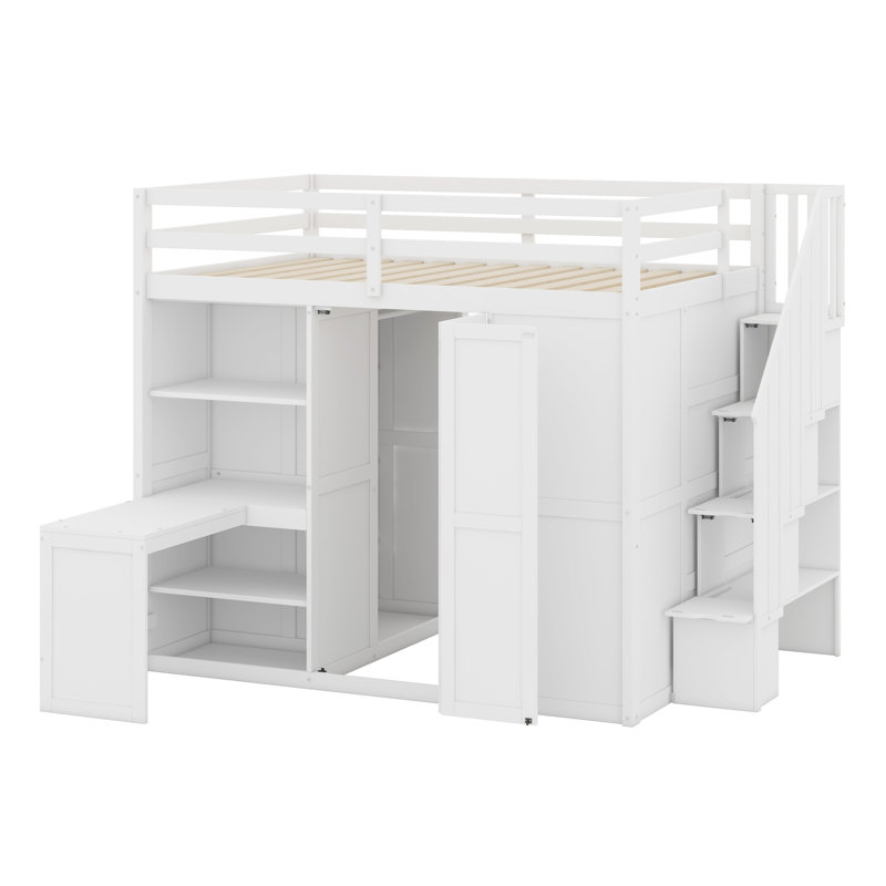 Lit mezzanine avec garde-robe, bureau et tablettes, Blanc