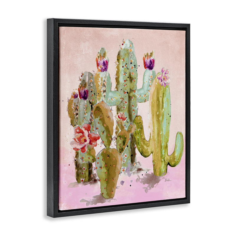 «Fun Floral Cacti», art mural encadré par Patricia Pinto, Cadre flottant noir de jais, H 31 po x l 25 po