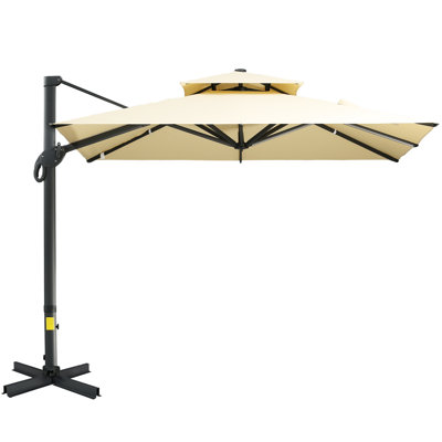 Parasol suspendu en porte-à-faux décalé 10 pi, carré, base croisée en aluminium, inclinable et rotation à 360 degrés, beige sans base