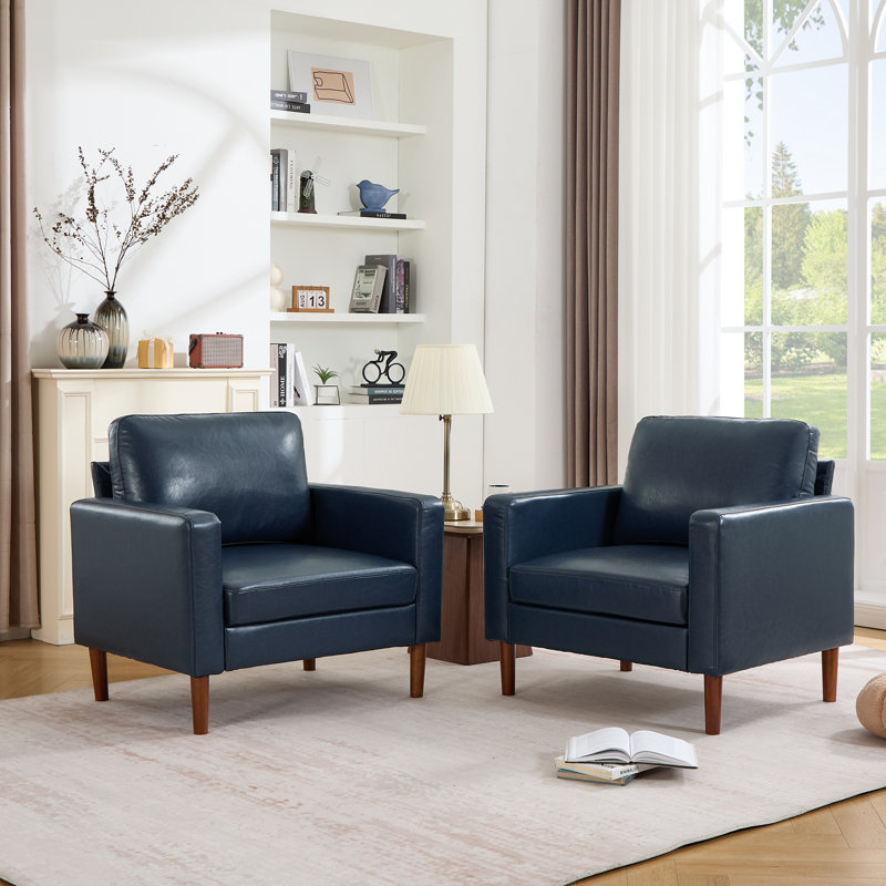 37 " Faux Leather Accent Chair Spacious Upholstered Armchair Set Of 2, Royal Blue Faux Leather