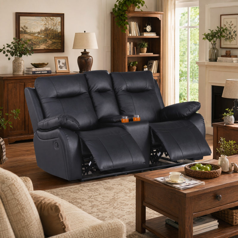 Bhuvi 70.47'' Faux Leather Reclining Loveseat, Black Faux Leather