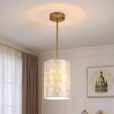 Natural Capiz Shell Cylinder Single Pendant Light in Brushed Gold