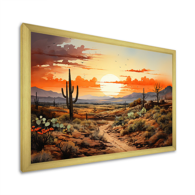 Silhouette orange, Cactus, lever de soleil - Cactus, art mural, H 12 po x l 20 po x P 1 po, Cadre doré à coins fermés